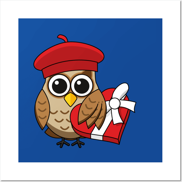 Cute Owl with Red Beret and Heart Box Wall Art by BirdAtWork